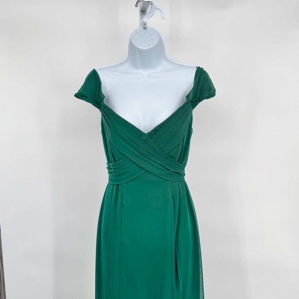 New Social Bridesmaids Womens 6 Hunter Green Chiffon OffShoulder Gown Long Dress - Picture 3 of 13